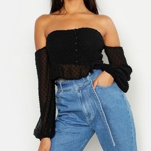 Dobby spot off shoulder long sleeve